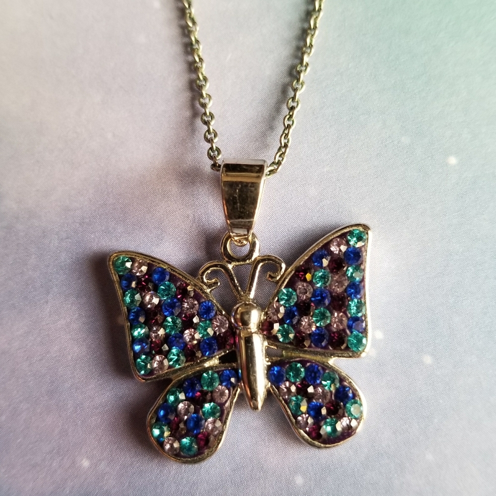 Relisted -Butterfly necklace blue and purple silver tone - Picture 6 of 13